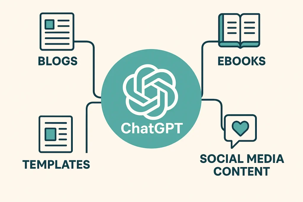 "Infographic demonstrating how ChatGPT can be used to generate blogs, ebooks, and templates for passive income"