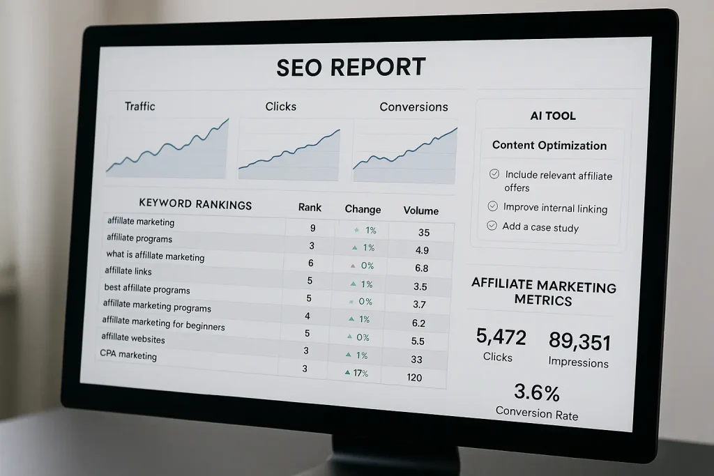 SEO tools and AI interface suggesting optimizations for affiliate marketing content