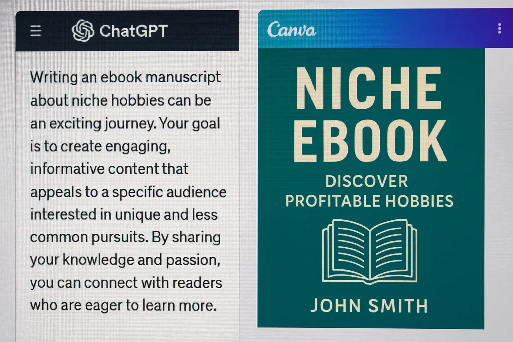 "Close-up of ChatGPT drafting ebook content and Canva designing the final product for passive income"