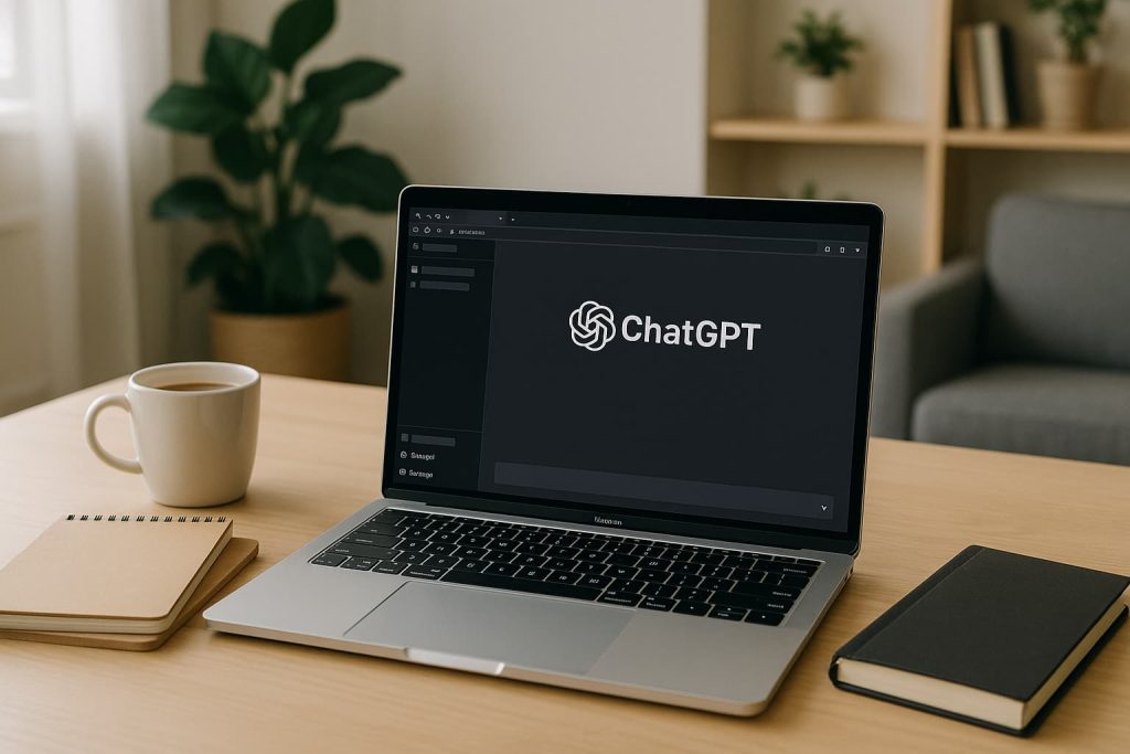 "Professional workspace with a laptop displaying ChatGPT, perfect for earning passive income"