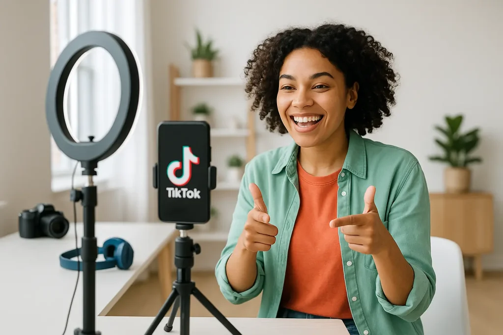 Content creator filming a TikTok video with a smartphone, representing how to make money on TikTok."