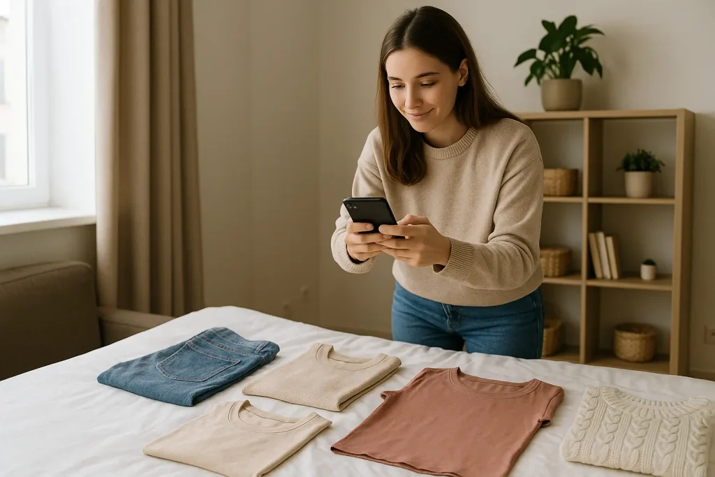 Woman taking photos of used clothes to sell online at home