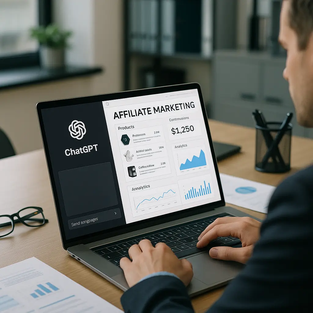 Professional marketer using ChatGPT to enhance affiliate marketing strategy in a modern office