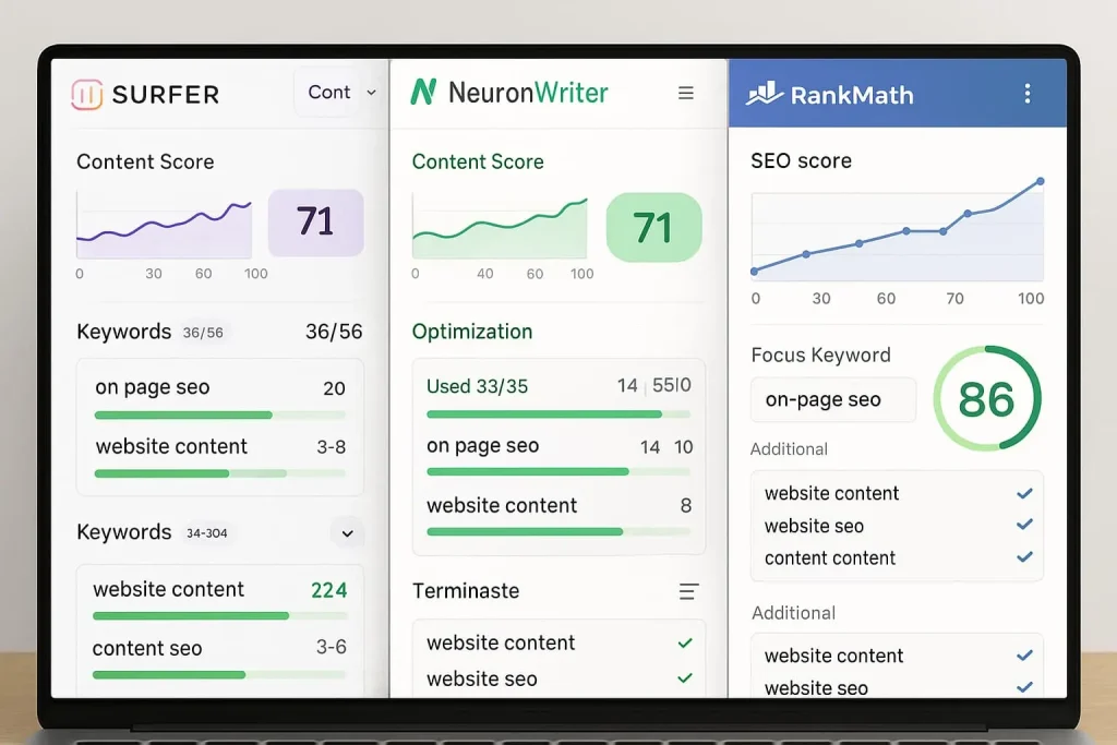 "Screens displaying Surfer SEO, NeuronWriter, and RankMath for optimizing AI-generated content for better ranking"