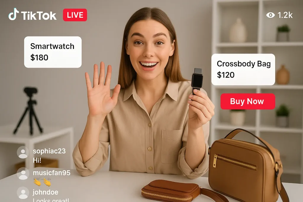  "TikTok creator engaging in a live selling session, promoting products with ‘Buy Now’ tags visible."