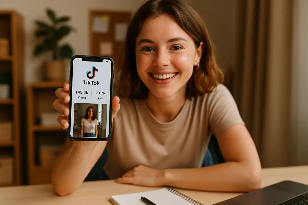 "Influencer holding smartphone showing TikTok with high views, representing how TikTok's Creator Fund works."