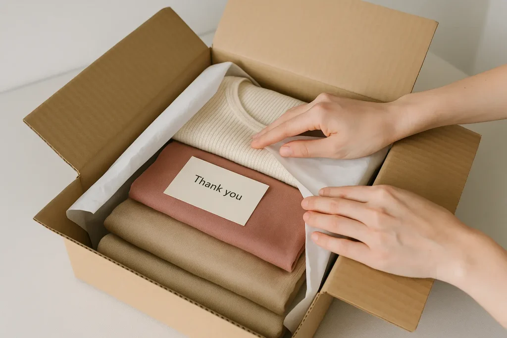Hands packing used clothing order with tissue and thank-you note