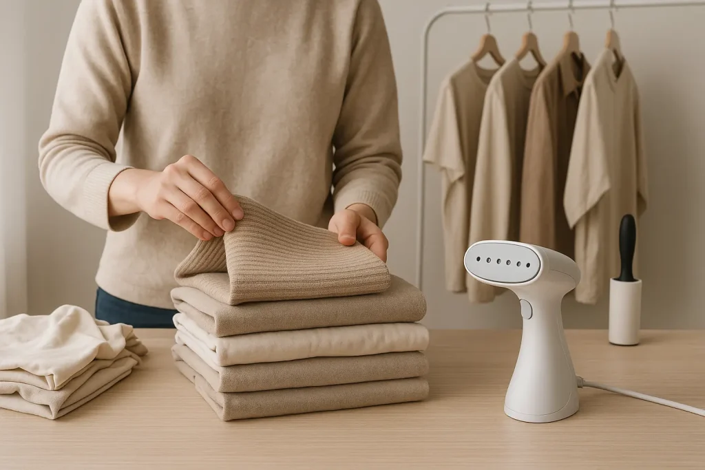 Person steaming and folding used clothes for resale