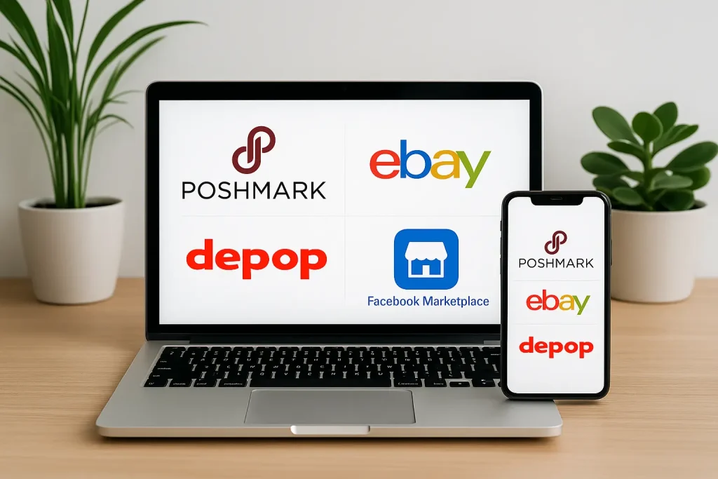 Laptop showing popular online platforms for selling used clothes