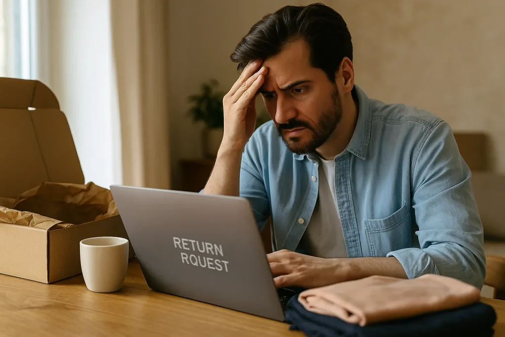  Online seller looking stressed at a return notification for used clothes