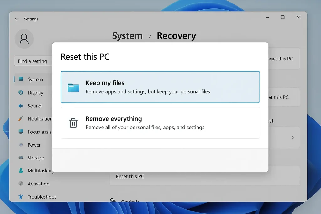 Reset this PC screen in Windows 11 with keep files option