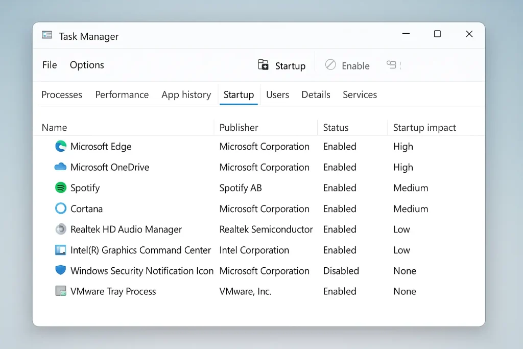 Windows 11 Task Manager showing startup impact of apps